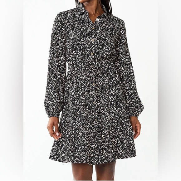 DRAPER JAMES RSVP $78 Button Front Knot Waist Dress Black Floral Size L - Picture 2 of 14